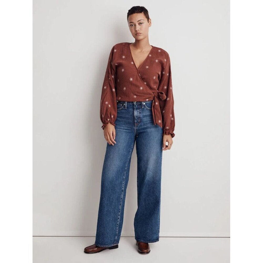 Madewell Lightspun Maira Wrap Top XL Floral Embroidery Cropped Long Sleeve